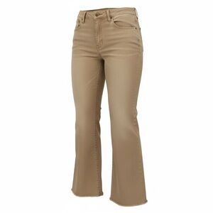 LOFT High Rise Flare Jeans Tan Khaki Raw Hem Cropped Boho Women’s Size 12